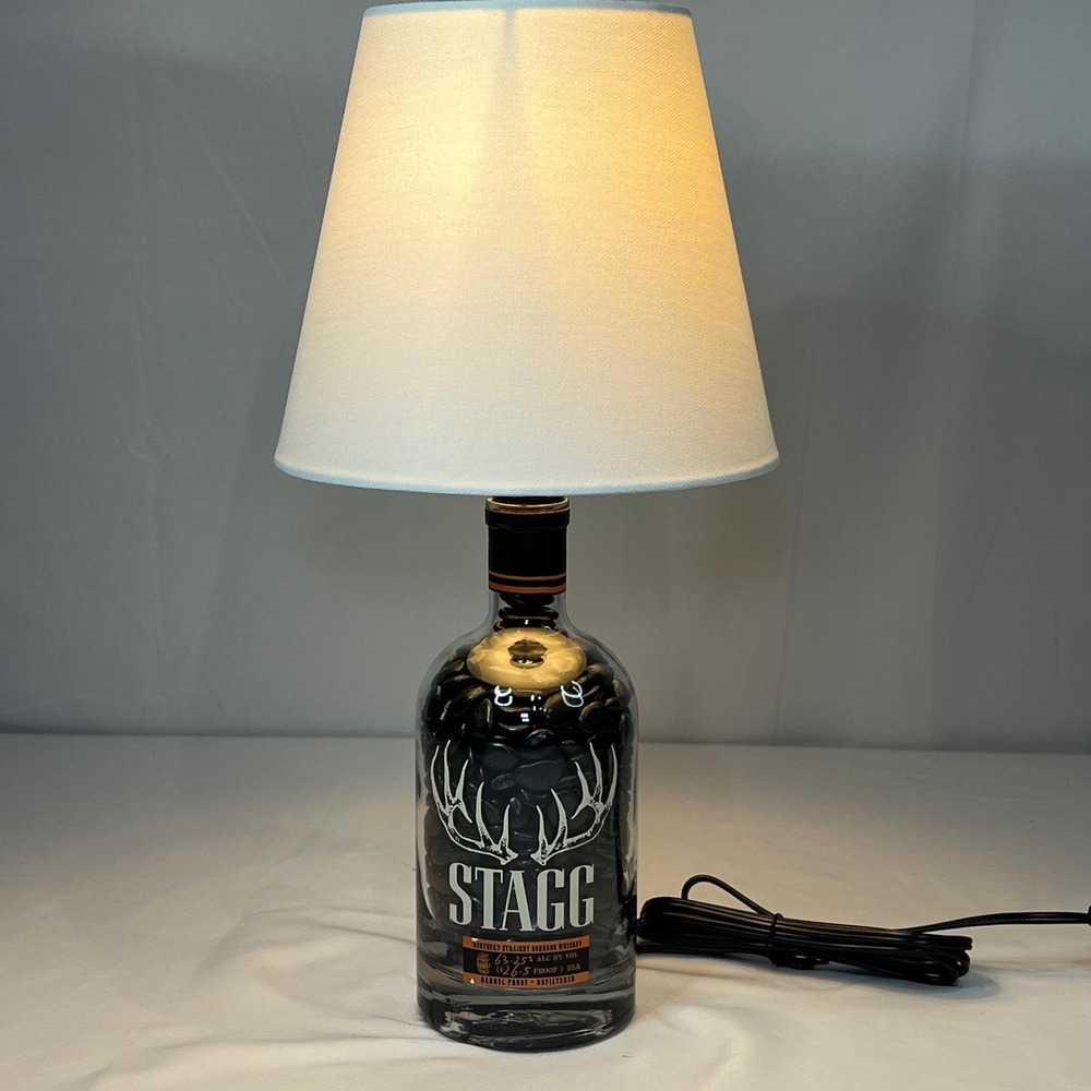 Stagg Bourbon Whiskey Bottle Lamp with Black River Stones and White Shade 15.5in
